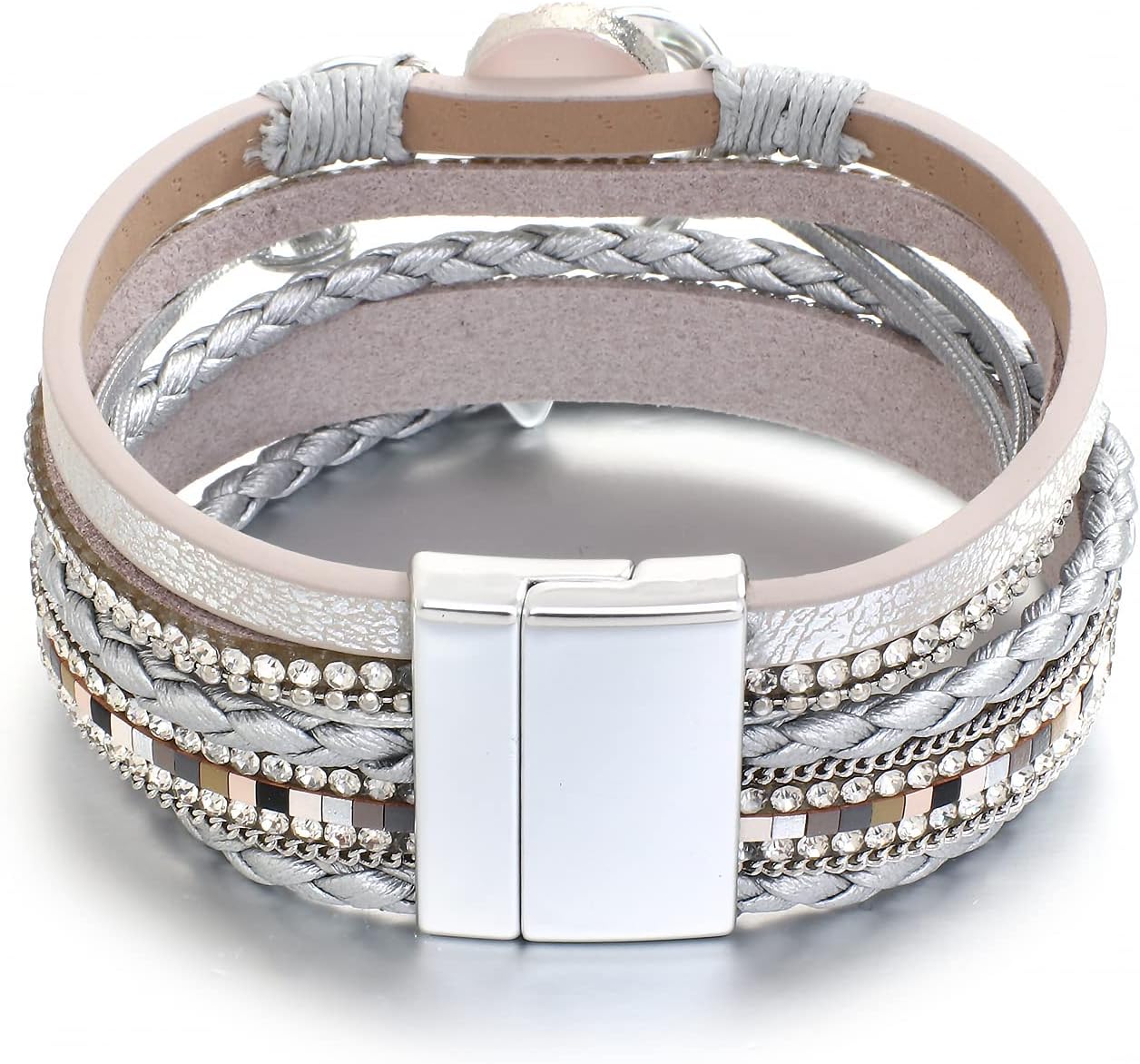 Leather Wrap Bracelet for Women Beaded Cuff Bracelet with Heart-shape Decor Bohemian Crystal Bracelet Jewelry with Clasp Bangle Bracelet for Women Girls Birthday Holiday Gift