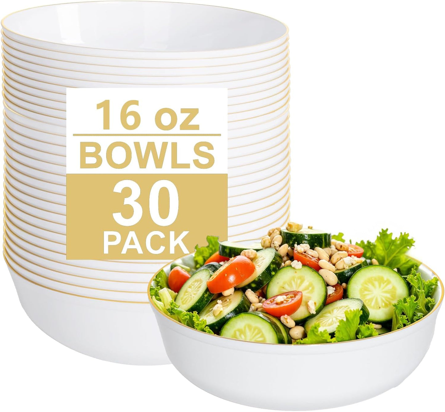 I00000 30 Pack White Plastic Bowls with Gold Rim,16 oz Disposable Soup Bowls,Premium Heavy Plastic Serving Bowls Ideal for Thanksgiving Party