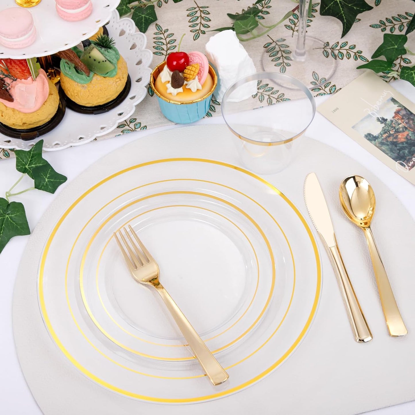 DaYammi 210PCS Clear Gold Plastic Dinnerware Set Thanksgiving Plates Disposable Fancy Platos for Party Include: 30 Dinner Plates, 30 Dessert Plates, 30 Pre Rolled Napkins with Gold Silverware, 30 Cups