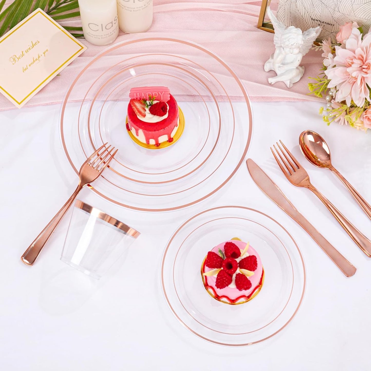 bUCLA 300PCS Clear Rose Gold Plastic Dinnerware - Rose Gold Disposable Dinnerware Set Include 50 Dinner Plates,50 Dessert Plates,50 Knives,50 Forks,50 Spoons,50 Cups for Party, Wedding & Mother’s Day
