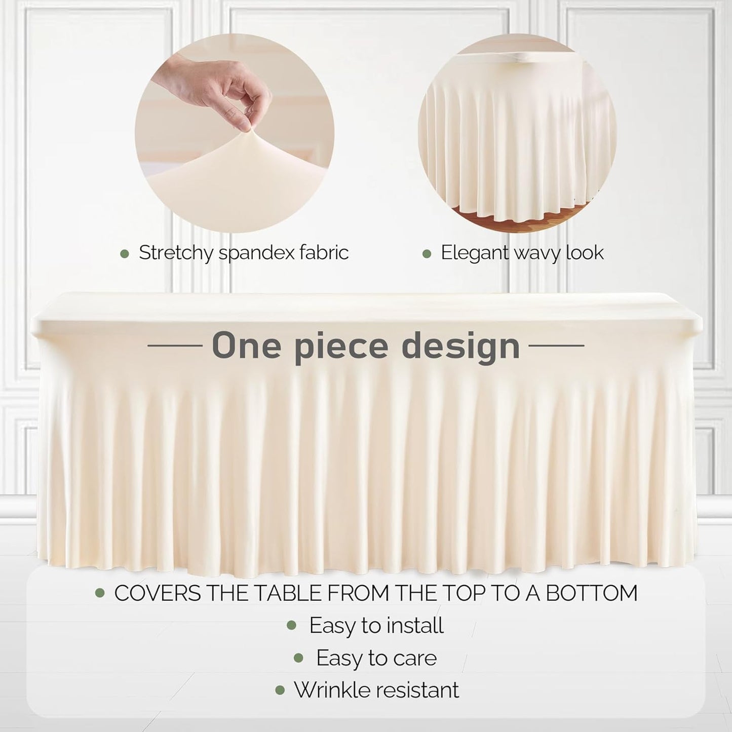 4 Packs Ivory Table Clothes for 6 Foot Rectangle Tables, One-Piece Wrinkle Resistant Stretch Spandex Table Covers with Skirt for Event Banquet Wedding Birthday Party