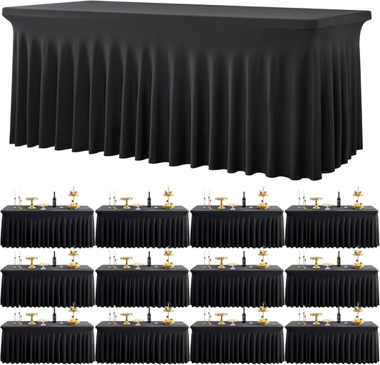 12 Pack Black Spandex Tablecloth for 6 Foot Rectangle Tables, Wrinkle Free Fitted Table Cloth Cover 6ft Black Stretchy Tablecloths with Skirt for Parties Weddings Birthday Banquet Baby Shower