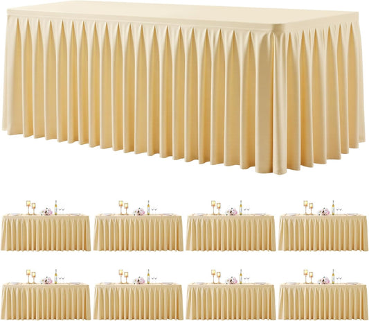 8 Pack Beige Rectangle Tablecloth 8 FT Stretch Spandex Fitted Table Cloth for 8 Foot Rectangle Tables Banquet Tablecloths Wrinkle Free Table Cover Skirt Ruffle Tablecloth for Party Wedding Birthday