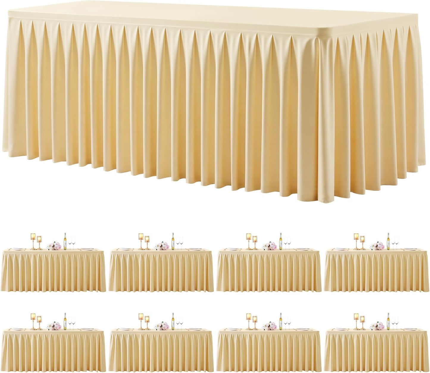8 Pack Beige Rectangle Tablecloth 6 FT Stretch Spandex Fitted Table Cloth for 6 Foot Rectangle Tables Banquet Tablecloths Wrinkle Free Table Cover Skirt Ruffle Tablecloths for Party Wedding Birthday
