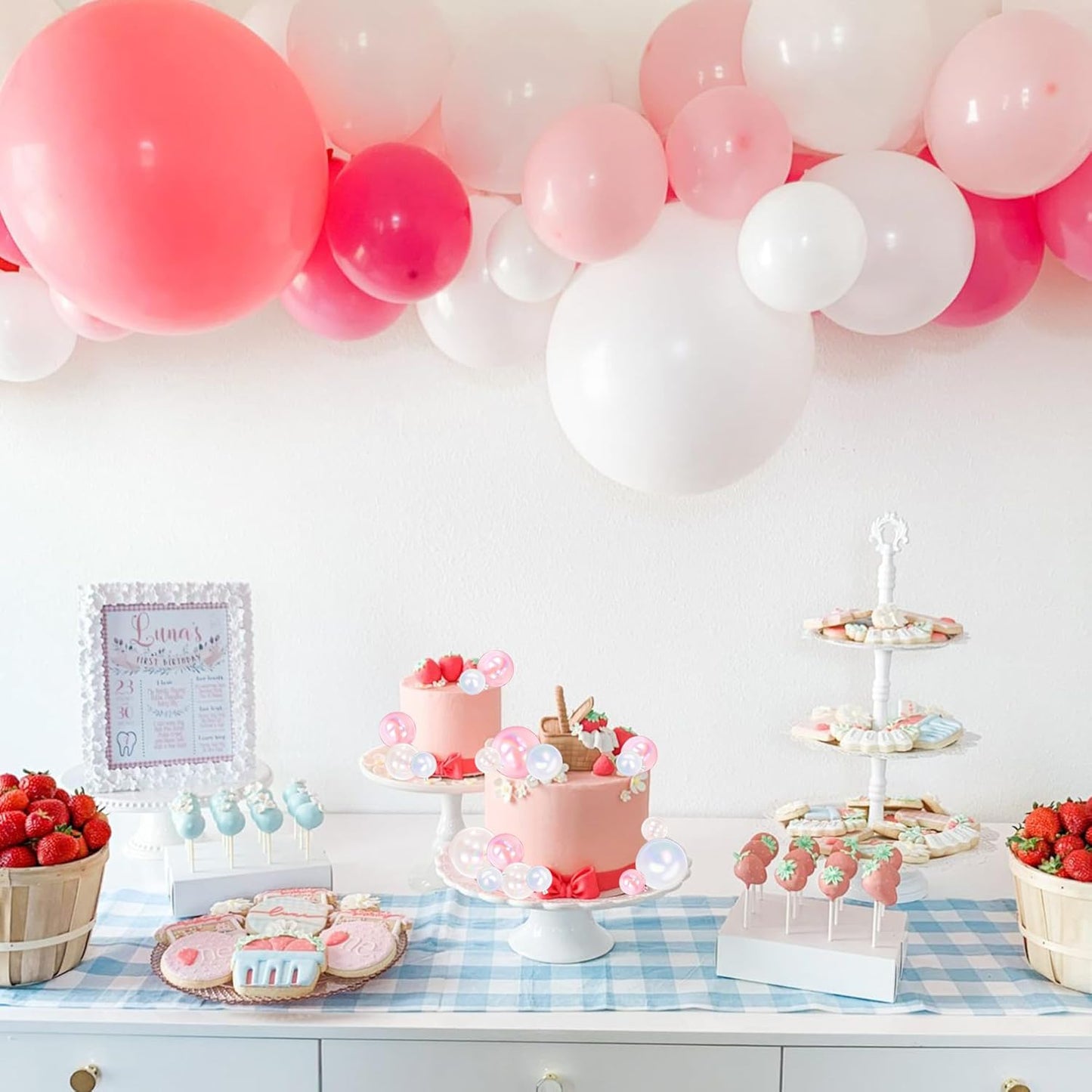 Rsstarxi 24 PCS Ball Cake Toppers - Mini Balloon, DIY Cake Inserts & Picks for Baby Shower, Wedding, Kids Parties - Clear, White, Pink Foam Balls