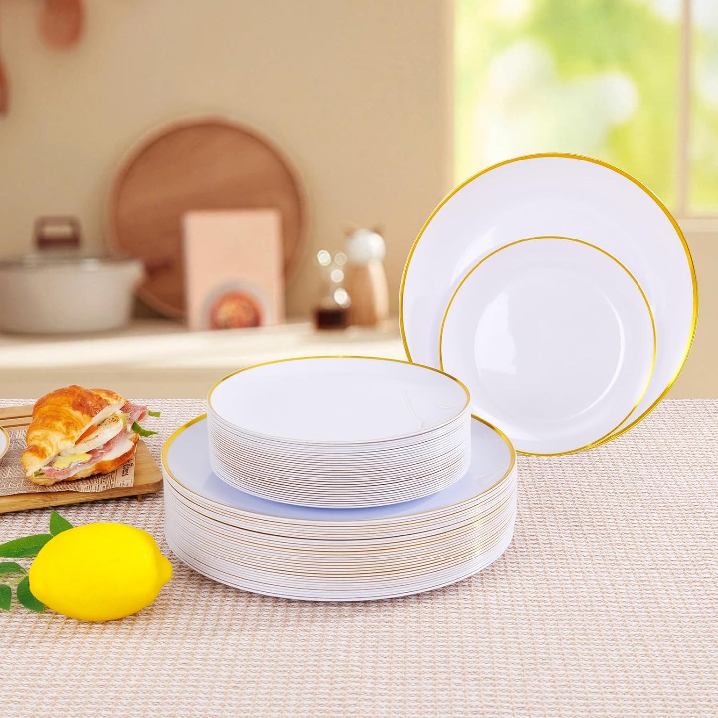 LIYH 120 Pcs White and Gold Plastic Plates for Party Disposable Plates - White with Gold Rim for Wedding/Tea Party- Includes 10.25 Inch Dinner and 7.5 Inch Dessert/Salad Plate 60 Guests