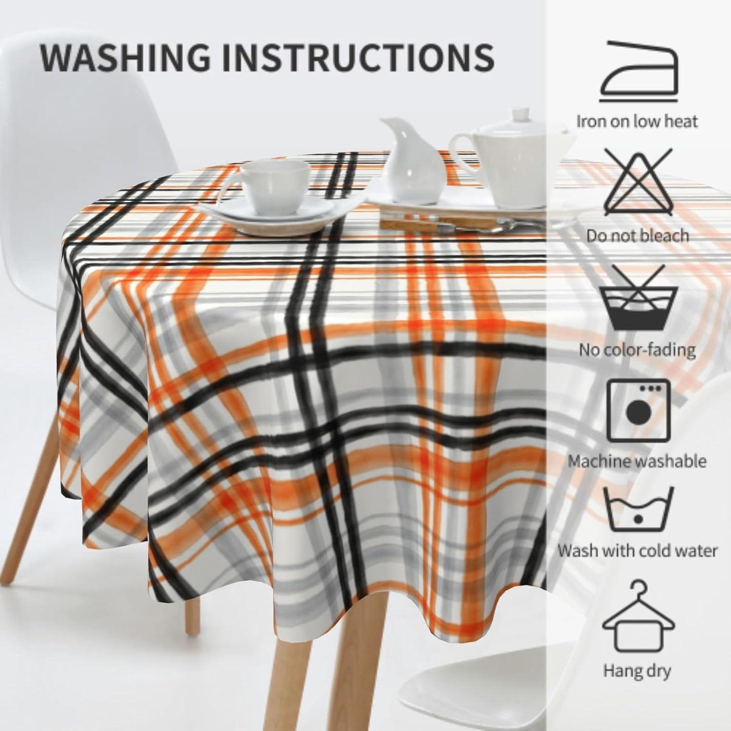 Giwawa 60inch Halloween Checkered Round Tablecloth Orange Black Grey Buffalo Plaids Circle Table Cover Stain Heat Resistant Washable Table Cloth for Kitchen Dining Picnic Party Holiday Decor