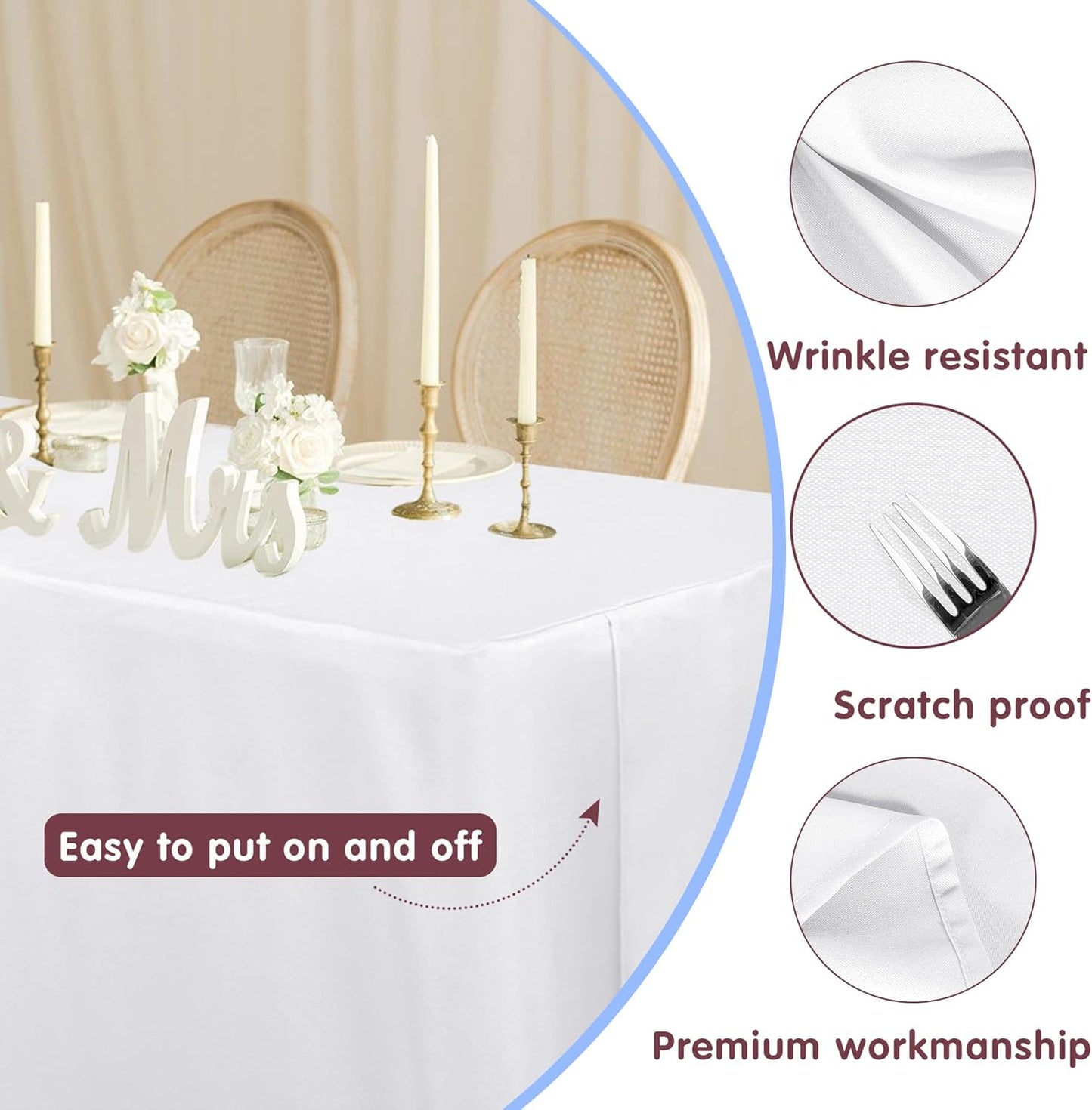 HolidayIdeas White Tablecloths for Rectangle 8 Foot Tables- 96 x 30 Inch - 4 Pack Fitted Tablecloths Polyester Fabric Table Cover for Parties, Wedding, Trade Show