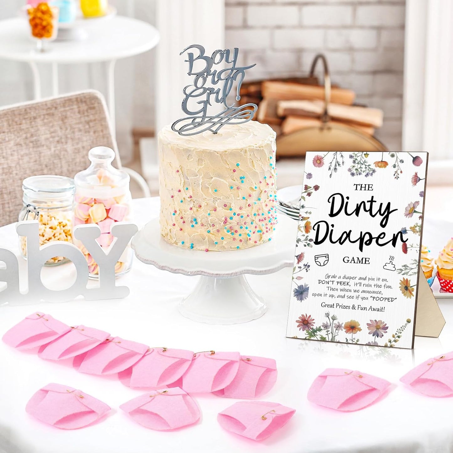 Roowest 51 Pcs Dirty Diaper Baby Shower Games Funny Wooden Sign with 50 Pcs Mini Diapers Cute Felt for Gender Reveal Party Baby Shower (Wildflowers)