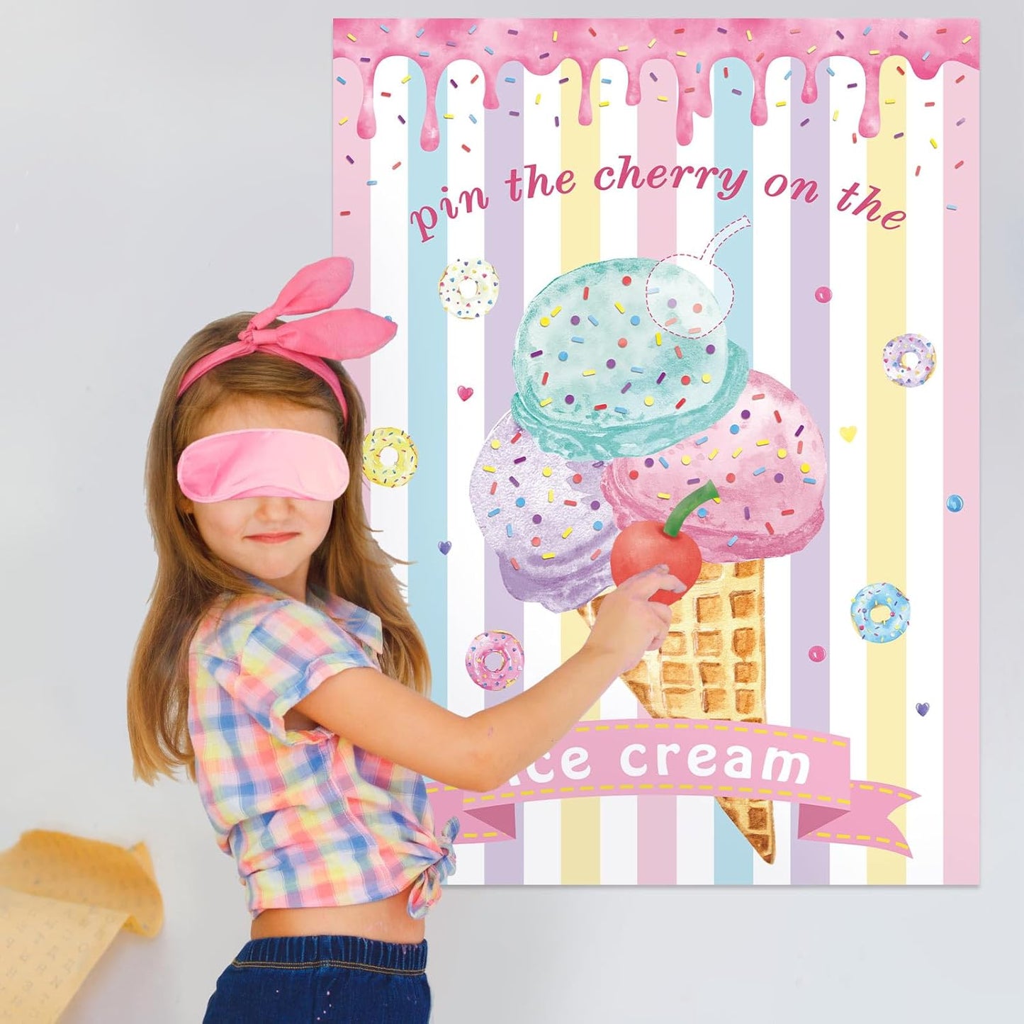 Pin The Cherry on The Ice Cream Game with 24 PCS Cherry Stickers Games Poster for Kids Girls Birthday 21'' x 28''