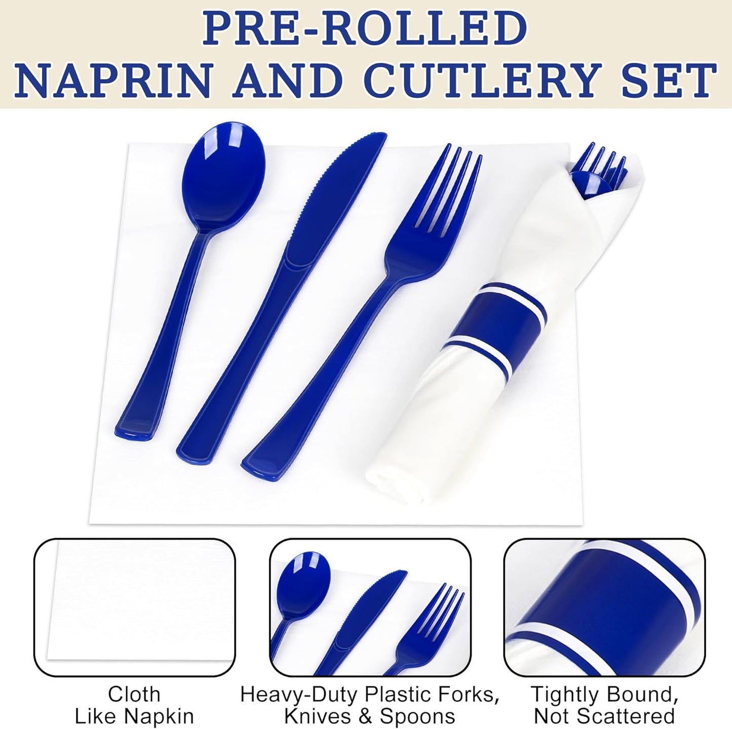 50 Pack Pre Rolled Blue Plastic Silverware Set,Wrapped Plastic Cutlery Set with Napkin Include 50 Forks,50 Spoons,50 Knives and 50 White Napkins for Party,Wedding