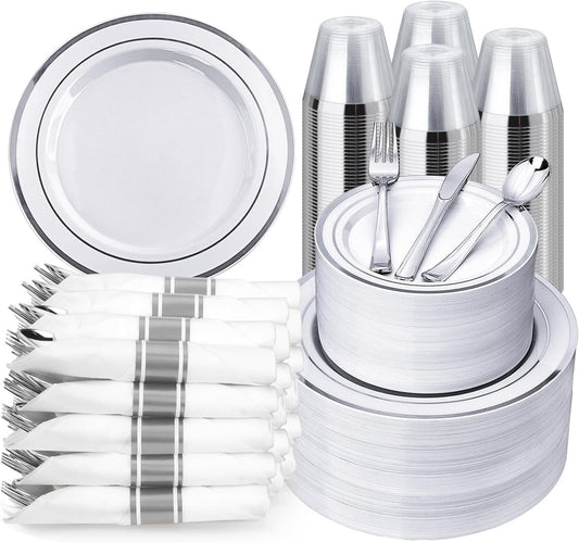 BESTVIP 700PCS Silver Plastic Dinnerware Set for 100 Guests, Disposable Plates for Party, Include: 200 Plastic Plates, 100 Pre Rolled Napkins with Silver Silverware, 100 Cups for Christmas, Halloween