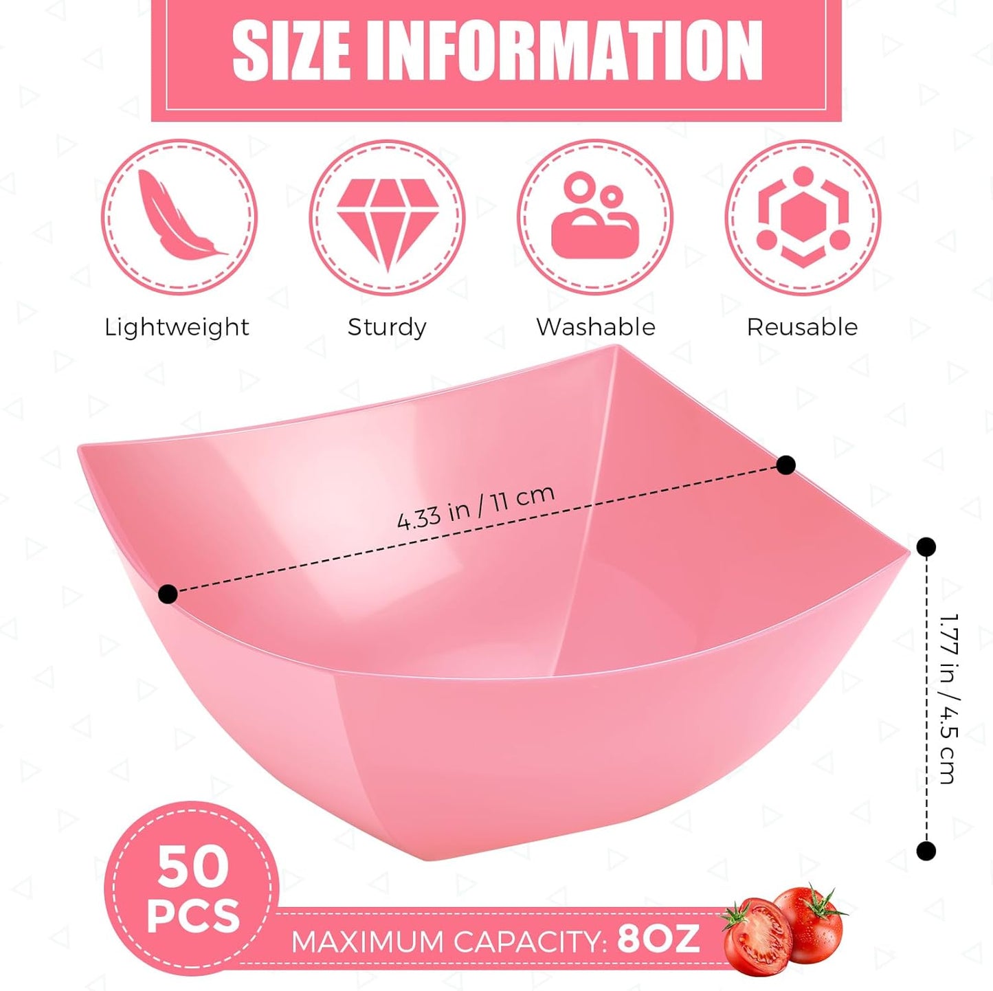 Tanlade 50 Pcs Square Plastic Serving Bowls Disposable Snack Salad Bowl Small Party Candy Bar Containers Taco Bar Serving Dishes for Buffet Chips Fruit (8 oz,Pink)