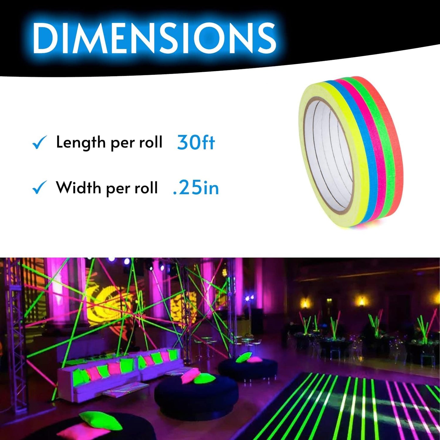 Glow King Blacklight Reactive Glow Tape | Premium UV Fluorescent Neon Party Gifts for Events | Multipurpose Luminous Colored Tape for Room Decoration | Glow in The Dark Cloth Tape – 0.25 in x 30 ft