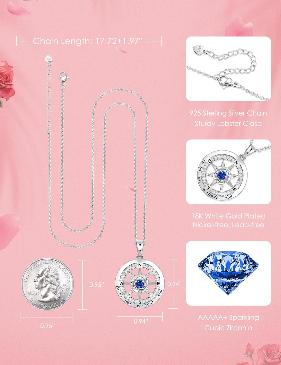 Silver Compass Necklace for Women Birthday Gifts for Wife Anniversary Necklace for Women Rose Flower Birthstone Necklaces for Wife Jewelry for Womens Girlfriend Mom Daughter