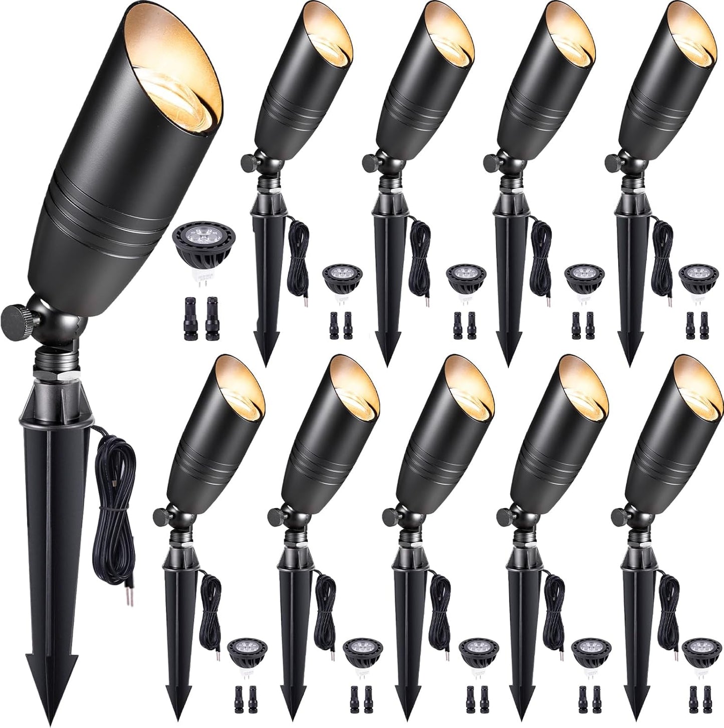 Gardenreet Low Voltage Spotlight LED - 12V Black Outdoor Light Fixture Weather Proof, Brass Landscape Lights Hardwired, Coastal for Flag Sign with Neutral White MR16 Removable Bulbs (10 Pack)