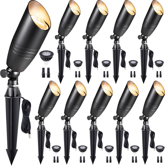 Gardenreet Low Voltage Spotlight LED - 12V Black Outdoor Light Fixture Weather Proof, Brass Landscape Lights Hardwired, Coastal for Flag Sign with Neutral White MR16 Removable Bulbs (10 Pack)