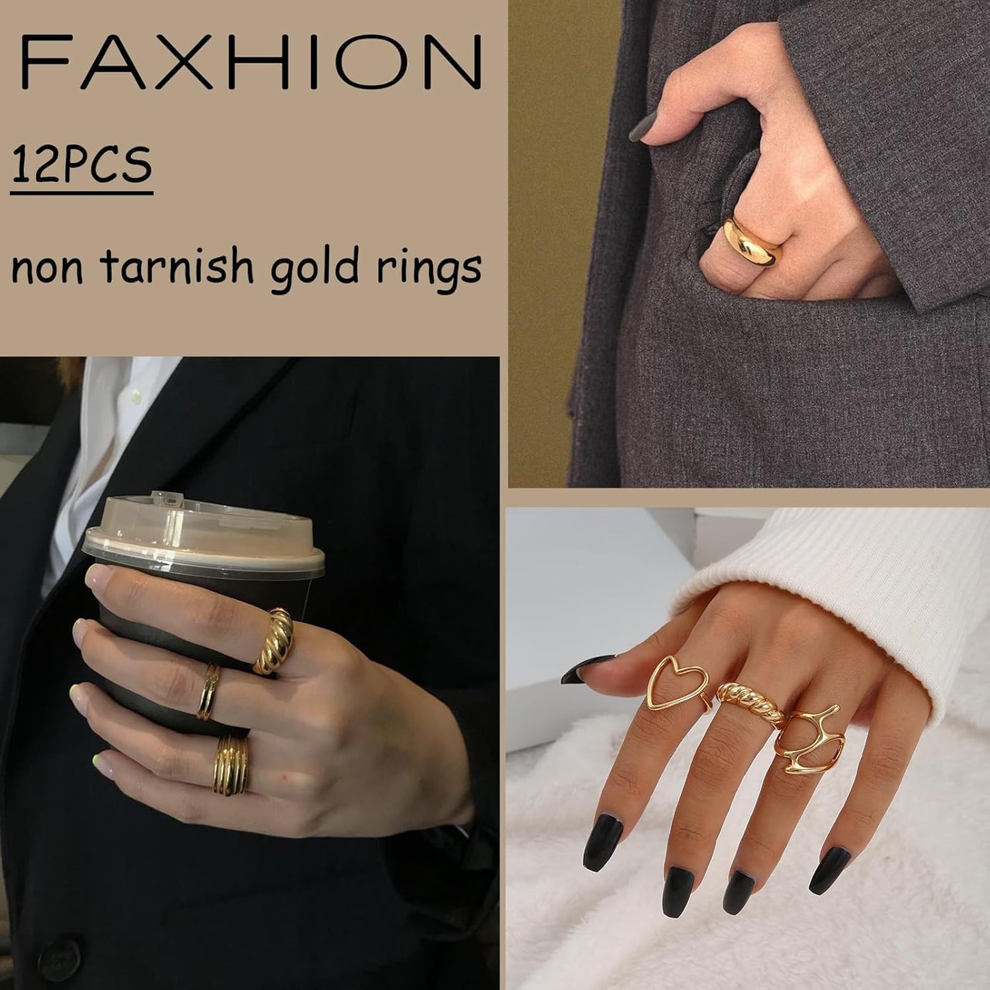 FAXHION 12PCS Gold Stackable Rings Set for Women, 18K Gold Plated Open Stacking Knuckle Ring, Adjustable Chunky Signet Band Statement Ring for Gift