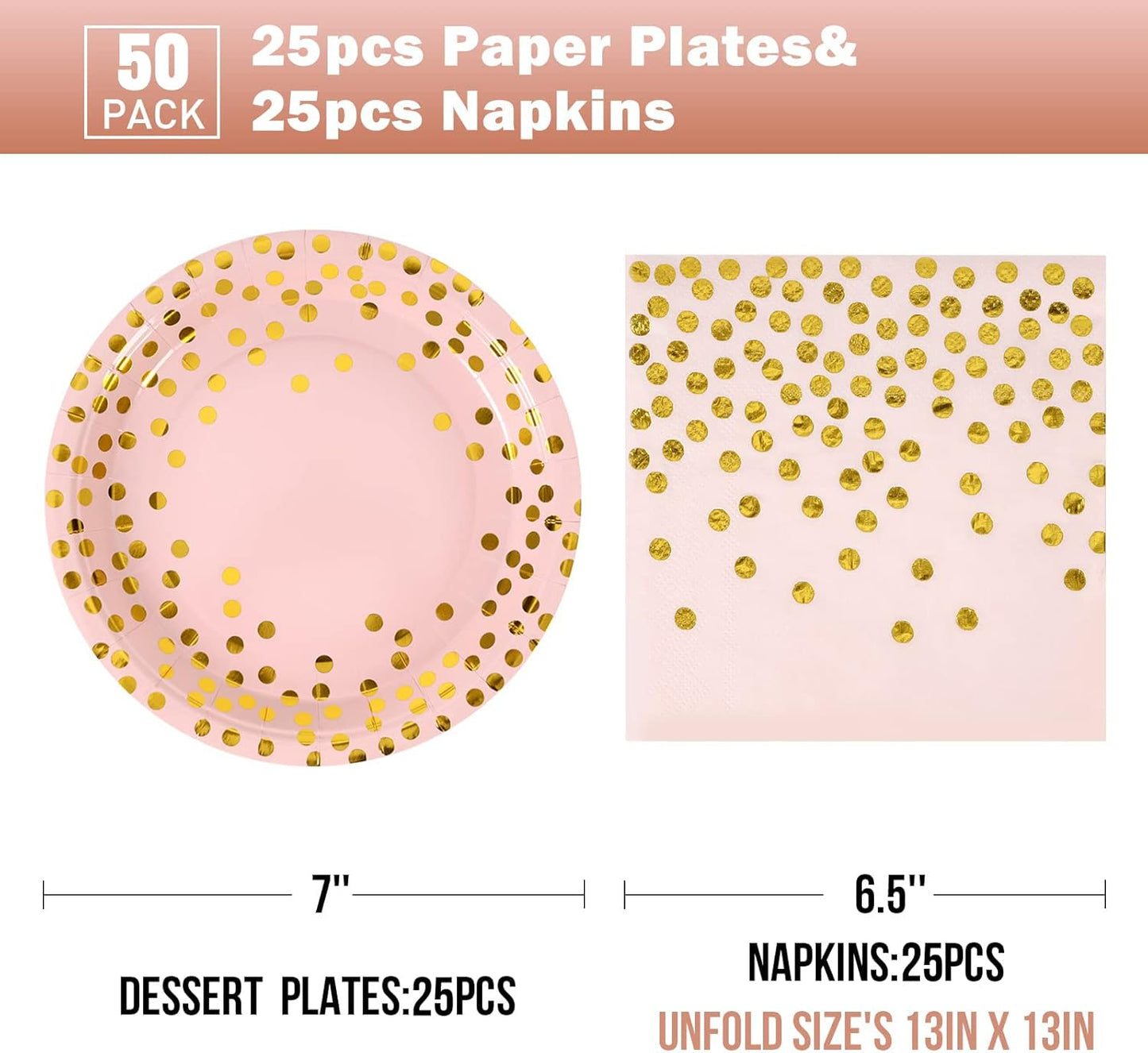 Pink and Gold Paper Plates-50 Pack- 25 * 7inch Paper Plates & 25 * 6.5inch Napkins,Pink Gold Plates and Napkins Party Supplies for Birthdays Receptions and All Occasions