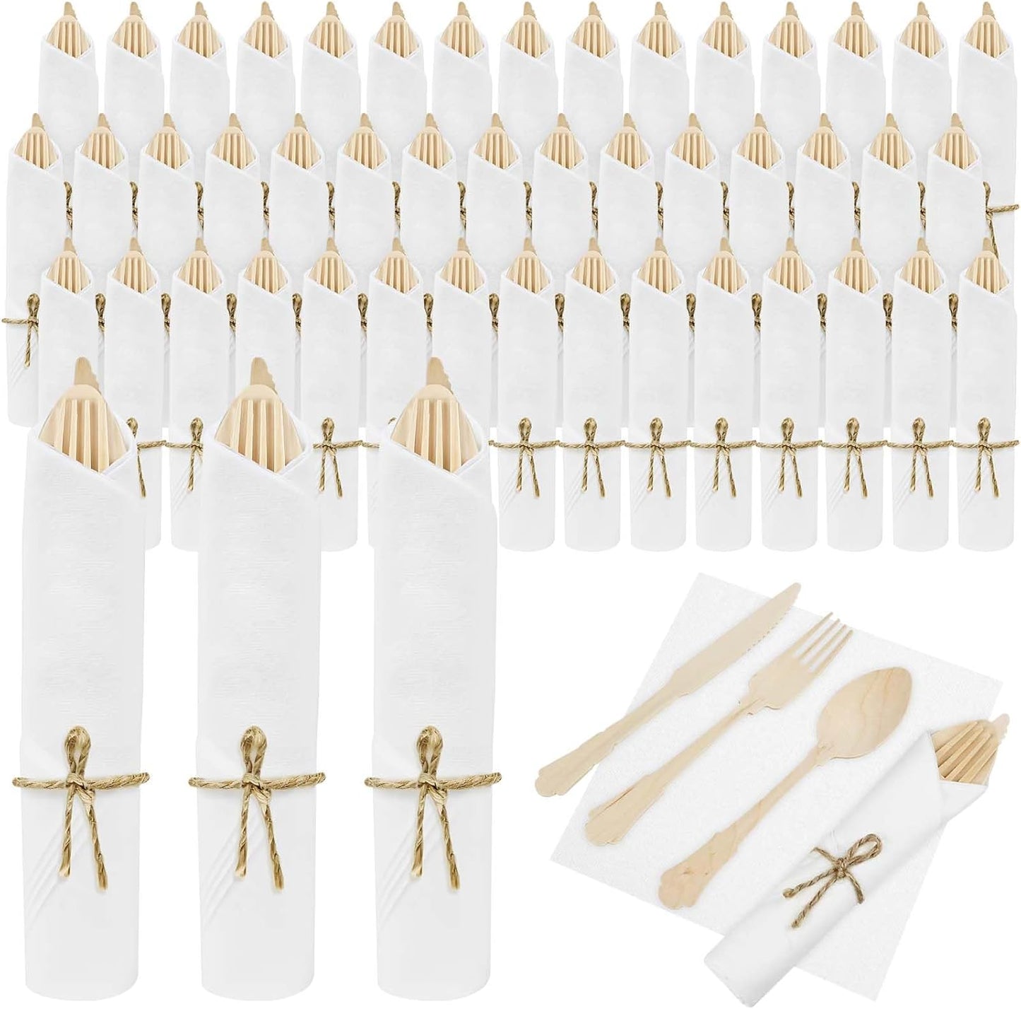 100Pack Pre Wrapped Disposable Wooden Cutlery - Pre Rolled Wooden Spoons Forks Knives with Napkins, Wrapped Silverware Set Disposable, Biodegradable Cutlery with Napkins for Wedding