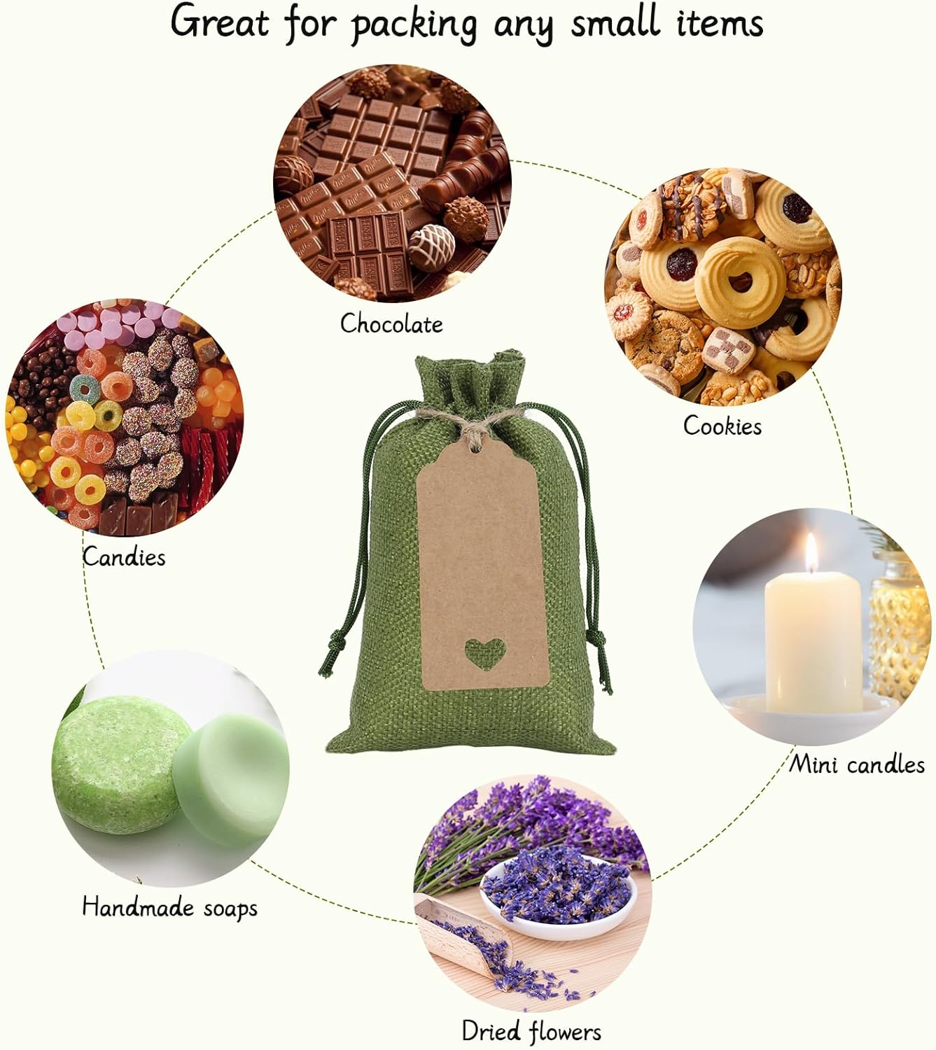 Tapleap Green Small Gift Bags with Drawstring - 30Pcs 4x6 Burlap Sacks for Wrapping Christmas or Thanksgiving Favors, Soap, Jewelry, Crosses Games, Marble Sets, For Small Business, Birthday, Wedding