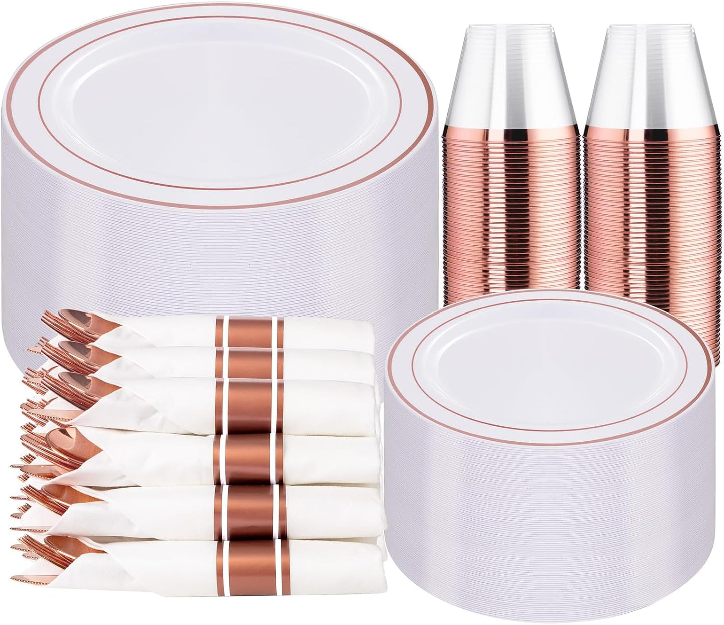 WELLIFE 350Pcs Rose Gold Plastic Plates for 50 Guests - Plastic Dinnerware Set,Party Supplies Includes 100 Rose Gold plates,150 Silverware,50 Napkins,50 Cups for Party and Thanksgiving