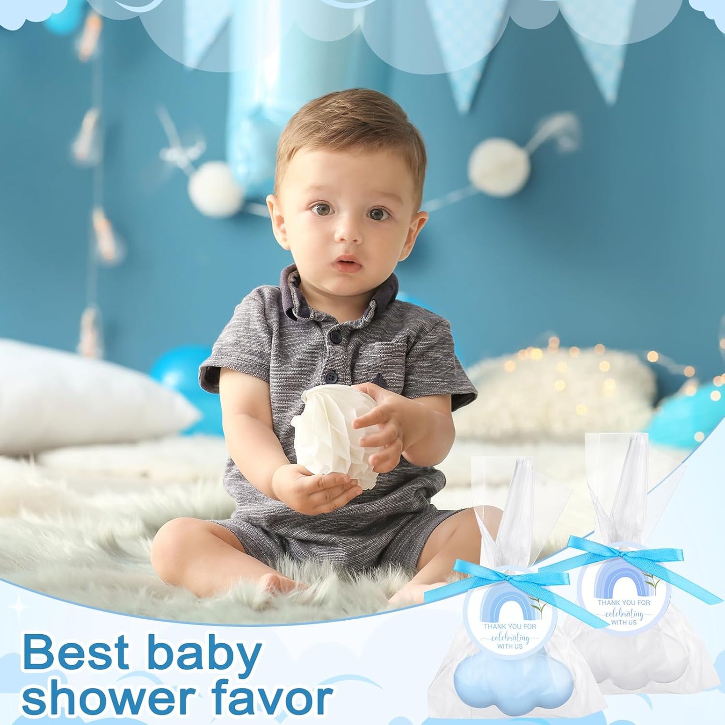 Demissle 20 Pcs Cloud Baby Shower Favors Soap Mini Handmade Scented Soap Party Favors for Guests Gifts with Thank You Card Christmas Wedding Party Bridal Shower Return Gifts(White,Blue)