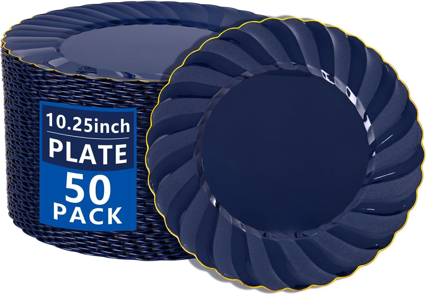 YOUBET 50 Pack Blue Scalloped Plastic Plates - 10.25 Inch Navy Blue Disposable Plates with Gold Rim - High End Elegant Vintage Dinner Plate for Birthday Parties & Wedding
