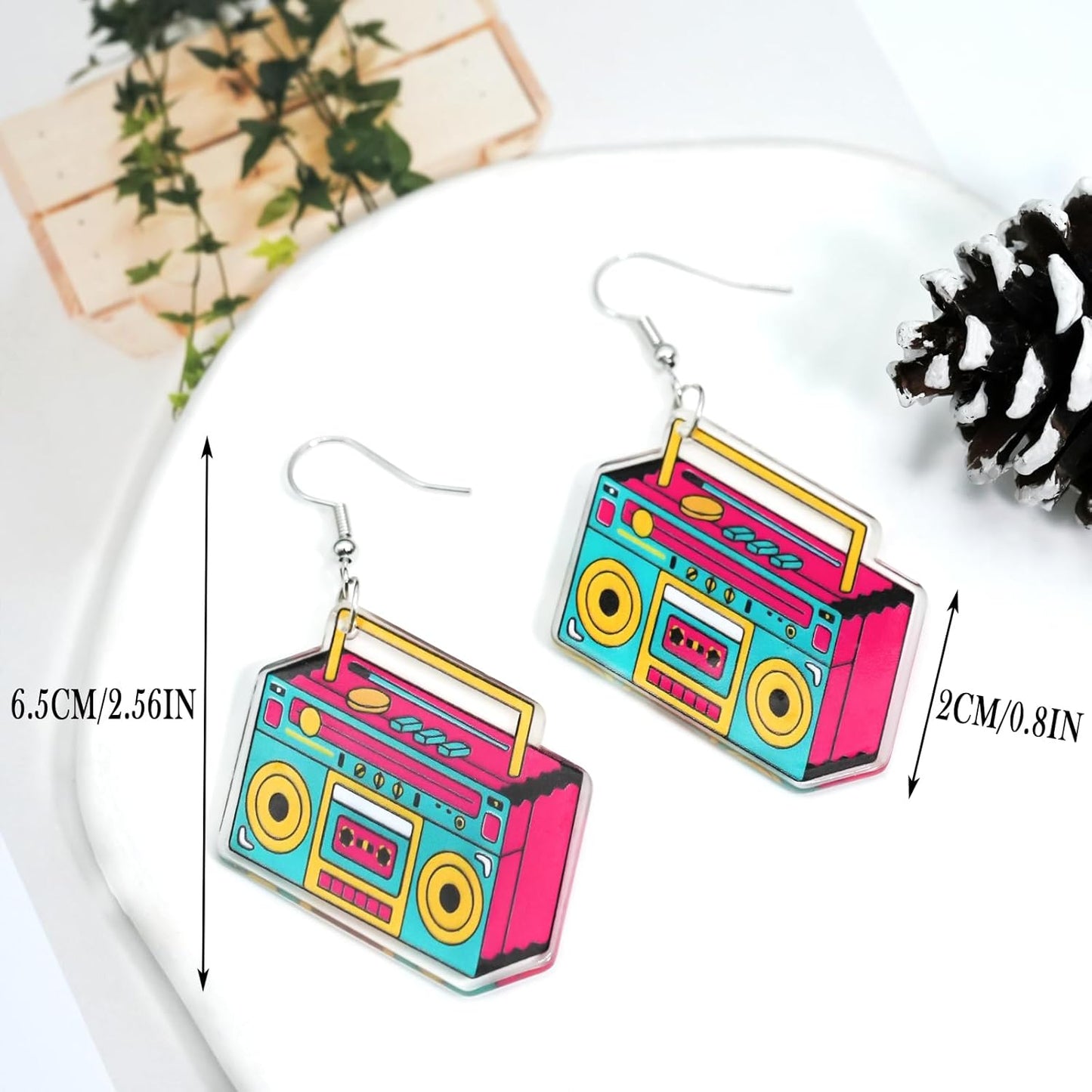 90s 80s Earrings for Women Retro Cassette Tape Earrings Acrylic Radio Tape Drop Dangle Earring for Halloween Cosplay Glow Party Music Festival Costume Accessories