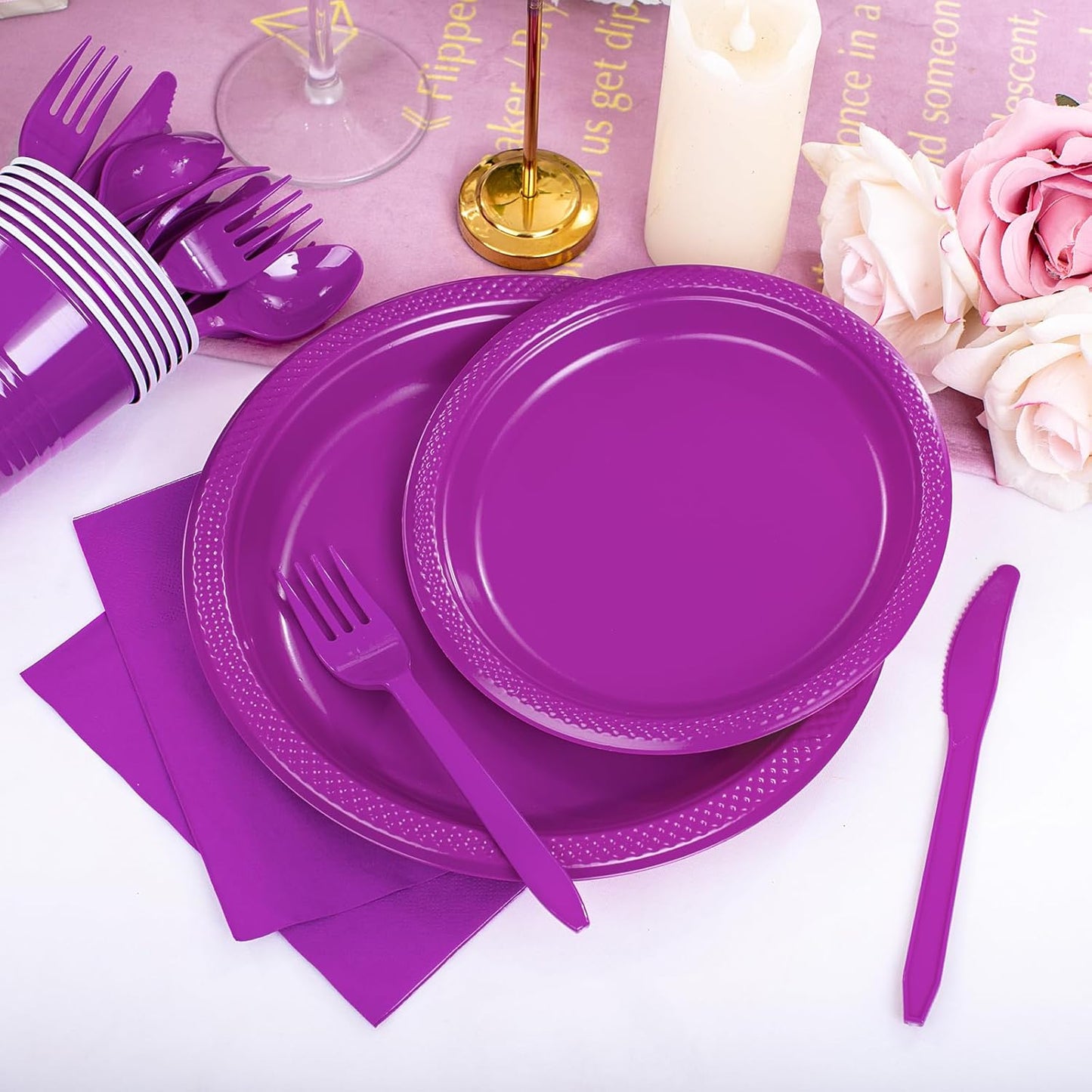 WELLIFE 210Pcs Purple Plastic Dinnerware Set, Party Supplies Including Party Plates and Cups and Napkins Sets for 30 Guests, Purple Plastic Plates