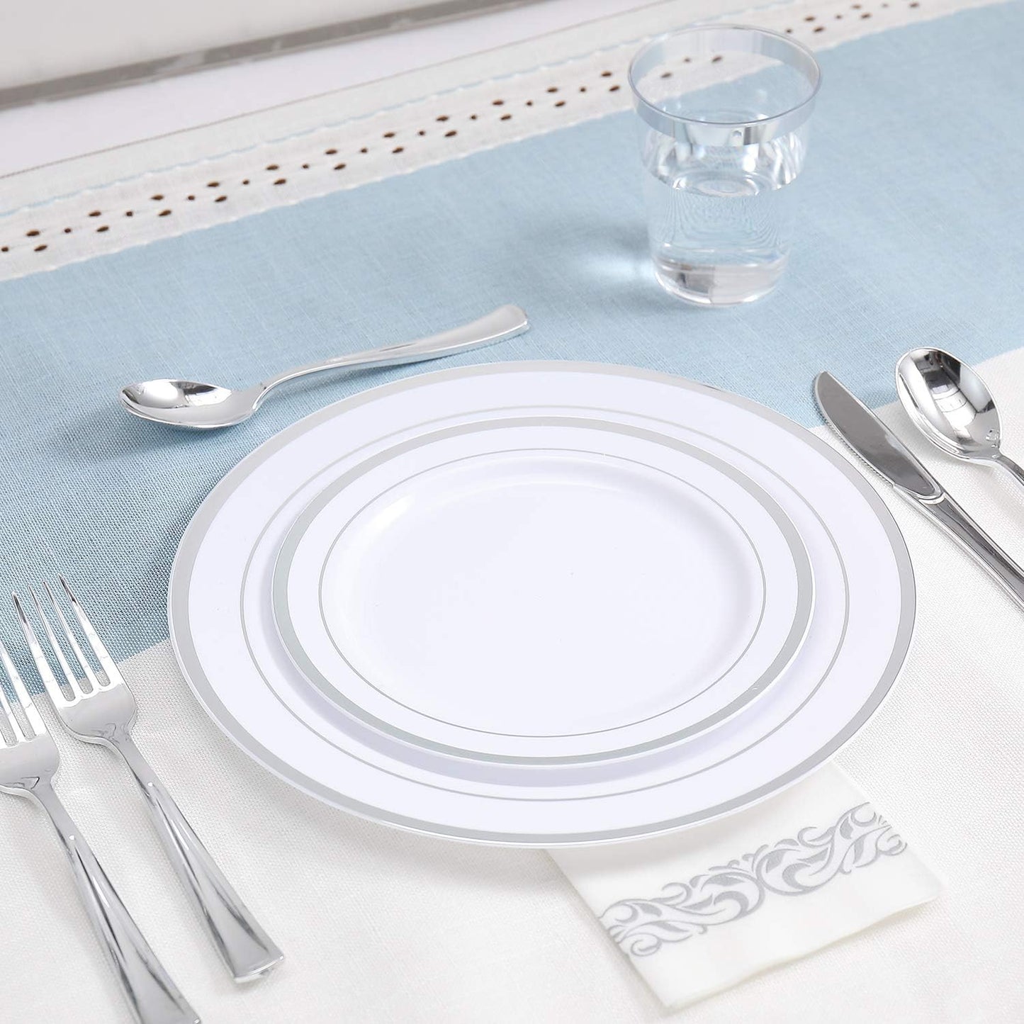 FOCUSLINE 350 Ct Disposable Dinnerware Set for 50 Guests -Heavy Duty Plastic Plates with Silver Rim, Includes 50 Dinner & Salad Plates, Cups, Napkins, Cutlery Set