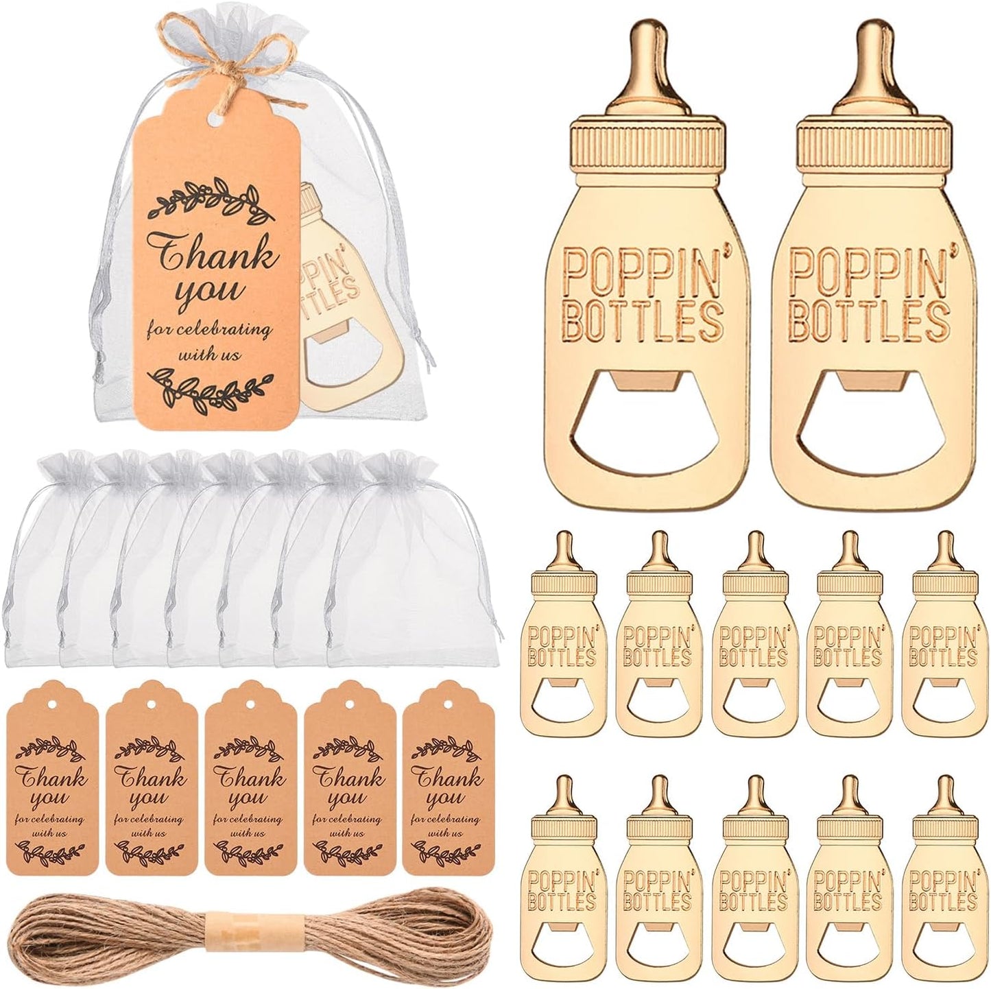 50 Pcs Popping Bottle Openers Baby Shower Party Favors for Guests, Cute Bottle Opener Decorations Souvenirs with Organza Bags, Return Gifts for Gender Reveal Wedding Party Supplies