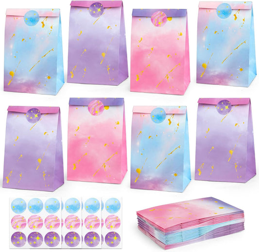HEJIN 30PCS Tie Dye Party Bags with Stickers, Pink and Purple Small Gift Bags, Mermaid Unicorn Birthday Party Favors Bags for Girls Goodie Bags for Kids Birthday Party, Baby Shower, Halloween, Wedding