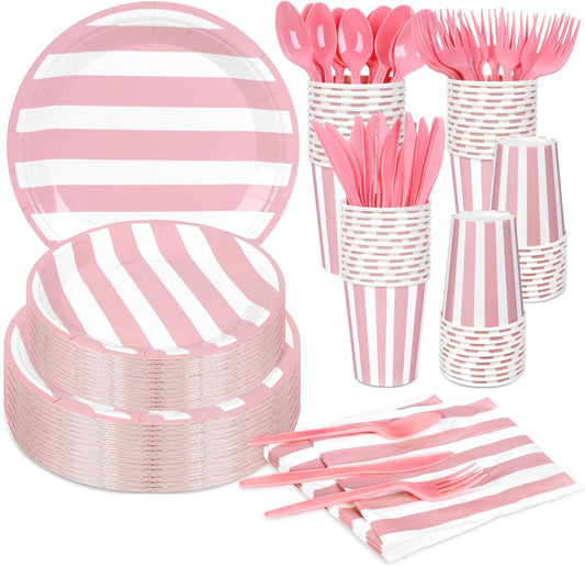 168Pcs Pink and White Party Supplies Disposable Paper Plates Napkins Cups Knives Spoons Forks For Wedding Baby Bridal Shower Serve 24
