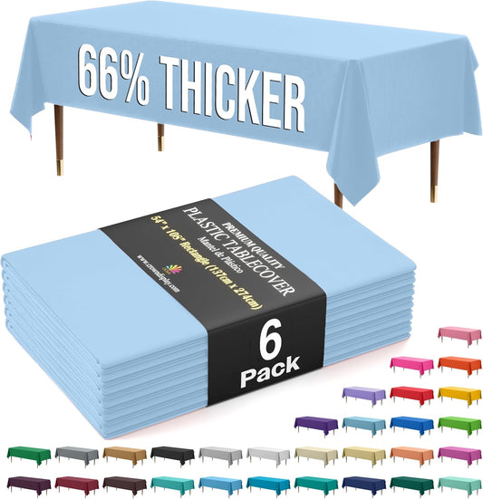 Party Solids 66% Thicker Premium Plastic Table Cloth Rectangle Table Cover 0.5 Mil 6 Pack Light Blue Table Cloth 54 Inch x 108 Inch Disposable Tablecloth Won't Tear Easily Like Cheap Thin Brands