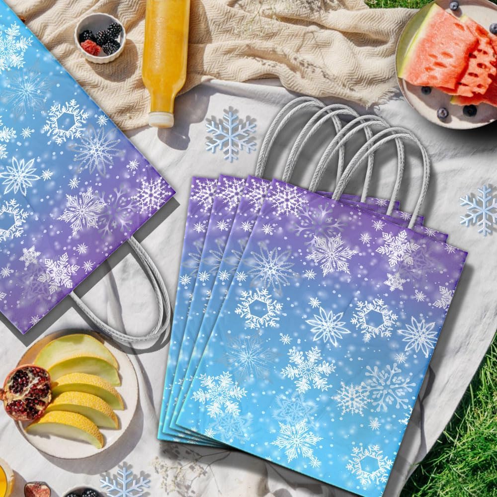 24 Pcs Snowflake Party Favor Bags with Handles - Winter Themed Goodie Gift Candy Kraft Paper Bags for Holiday Birthday Party Supplies Decorations