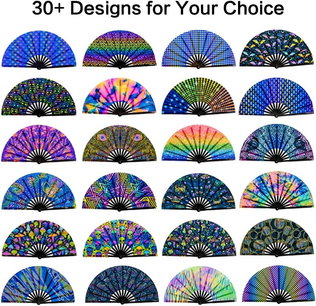 UV Glow Rave Fan, Bamboo Folding Clack Hand Fans Foldable for Men Women, Boots on the Ground Poping Fan for EDM Festival Line Dance Decoration, (Butterfly-1, Large 13")