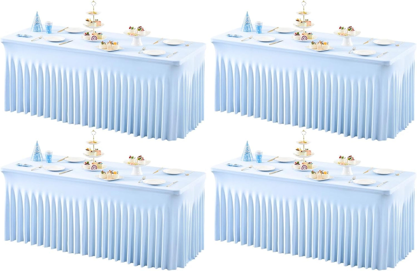 4 Packs Baby Blue Table Clothes for 6 Foot Rectangle Tables, One-Piece Wrinkle Resistant Stretch Spandex Table Covers with Skirt for Event Banquet Wedding Birthday Party