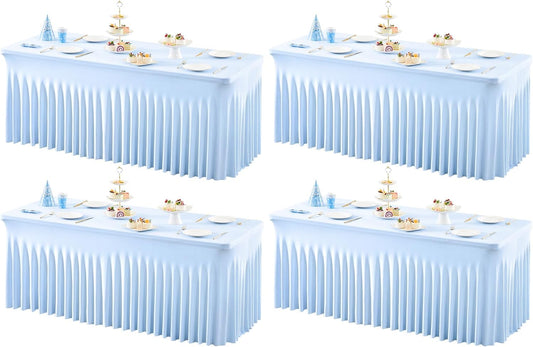 4 Packs Baby Blue Table Clothes for 6 Foot Rectangle Tables, One-Piece Wrinkle Resistant Stretch Spandex Table Covers with Skirt for Event Banquet Wedding Birthday Party