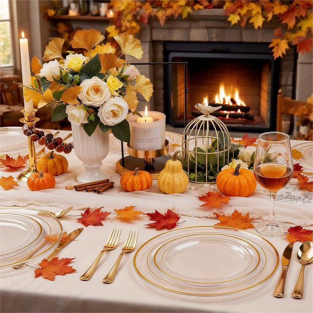 FLOWERCAT 100PCS Clear Plates with Gold Trim - Heavy Duty Clear and Gold Plastic Plate Disposable for Thanksgiving Party/New Year Include 50PCS 10.25inch Dinner Plates - 50PCS 7.5inch Cake Plate