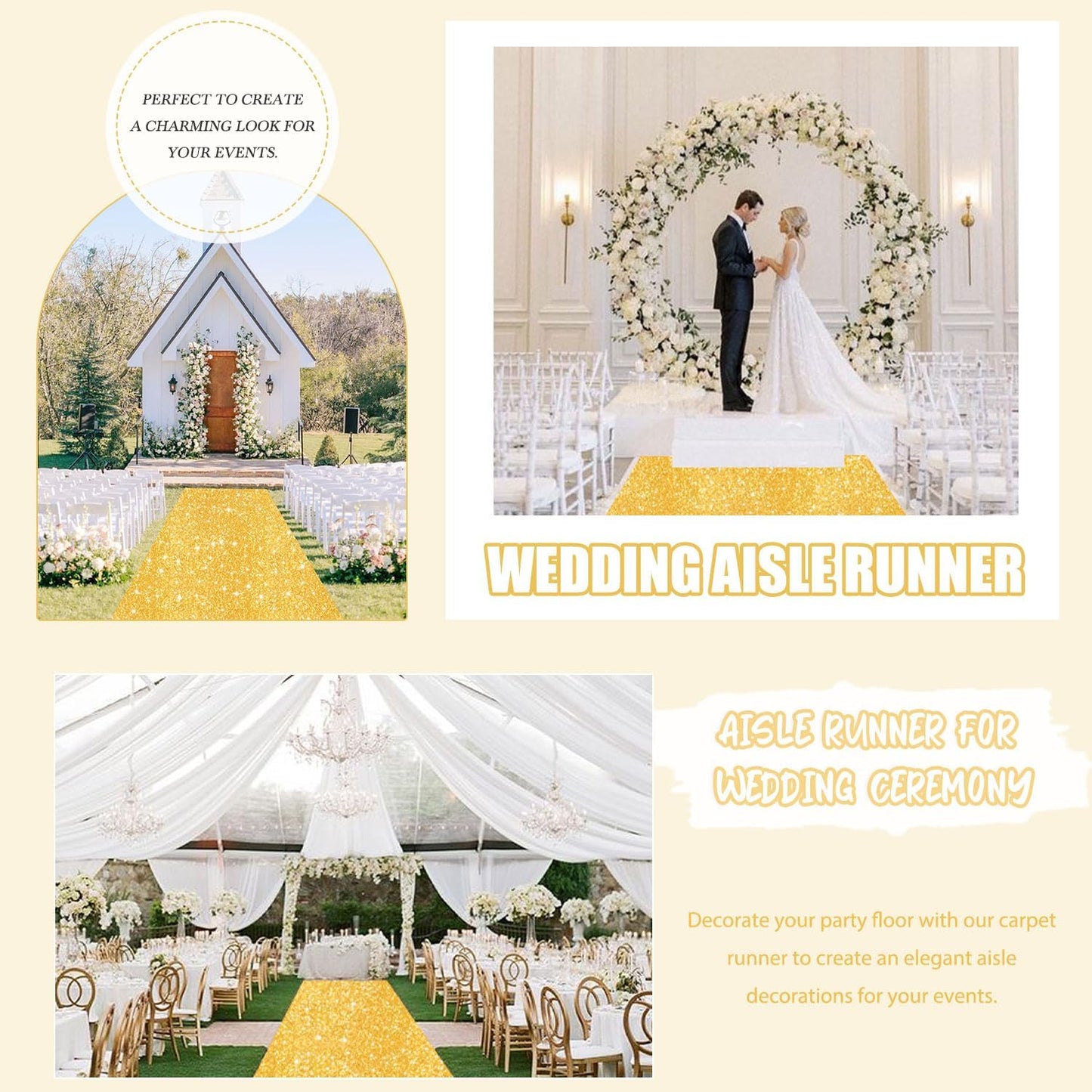 FUHSY Aisle Runner Gold Wedding Aisle Runners 4FT x 20FT Glitter Sequin Runner Rug Sparkly Party Carpet Wedding Floor Runners for Prom Decorations Indoor Outdoor