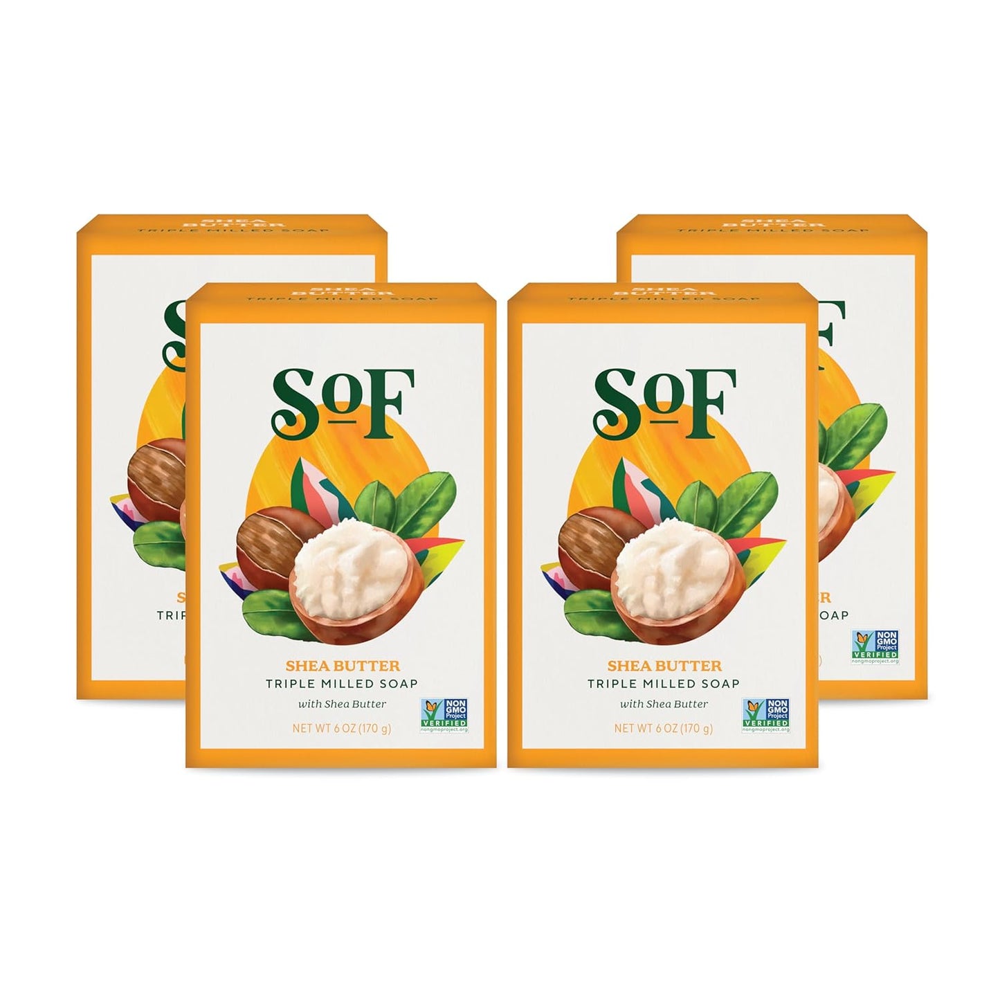 SoF Triple Milled Bar Soap - With Coconut Oil & Organic Shea Butter- Vegan & Non GMO- Free From Phthalates, Sulfates & Parabens- Shea Butter - 6 oz Bar 4 Bars