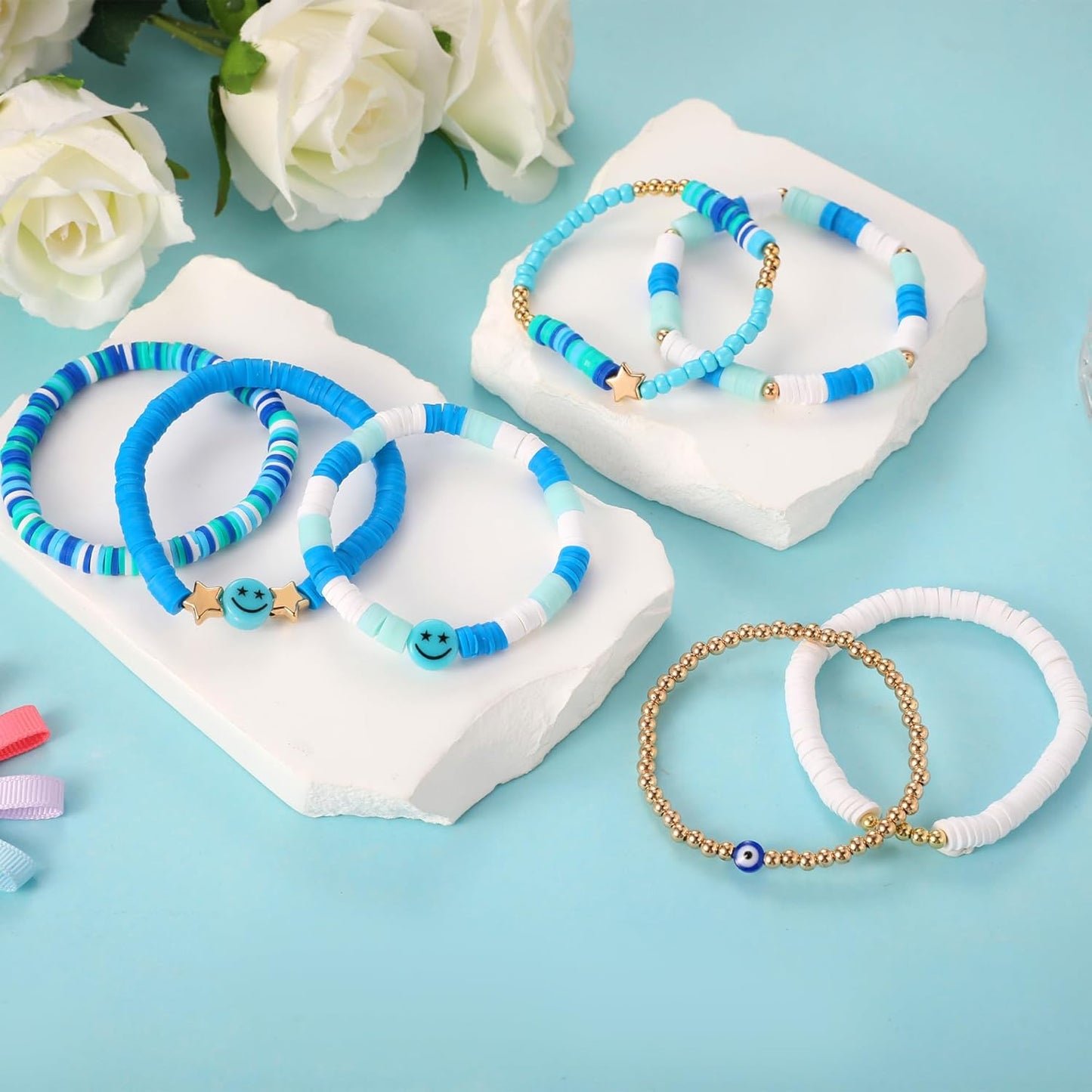 Preppy Bracelets Set Colorful White Gold Smile Heart Star Polymer Beaded Pearl Clay Stackable Charm Y2K Kidcore Aesthetic Summer Beach Bohemian Stretch Layering Bracelets Jewelry for Girls Women Teens