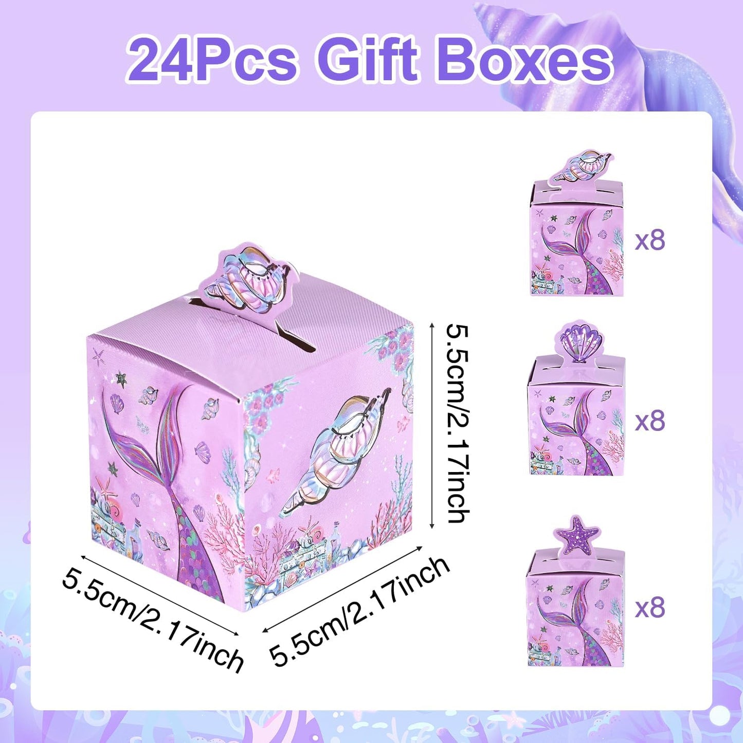 24 Pcs Mermaid Party Favor Boxes, 2.17inch Purple Under the Sea Foldable Goodie Boxes with Conch Starfish & Seashell, Treat Boxes for Candy Snacks & Gifts, Dreamy Birthday Baby Shower Party Supplies