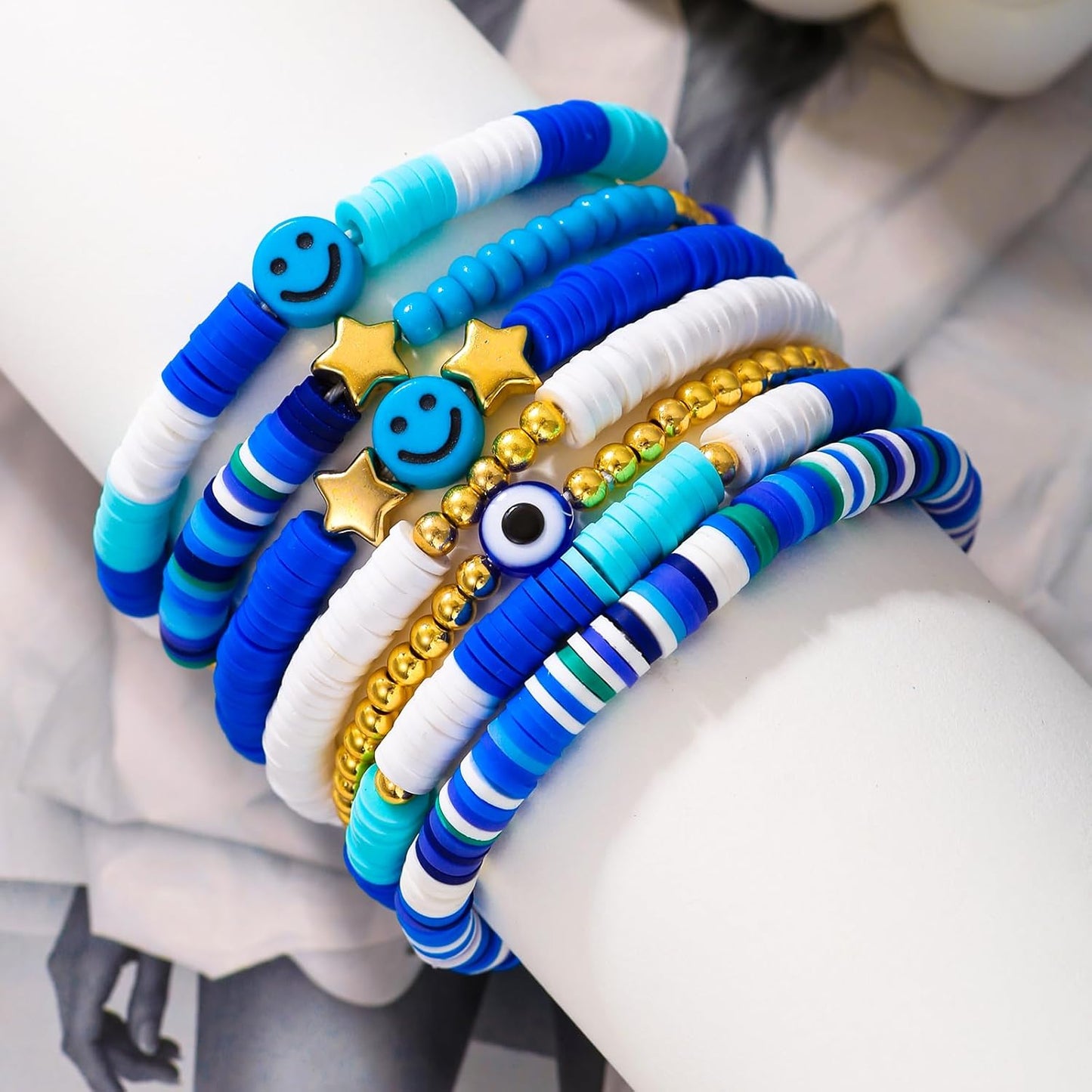 Friendship Bracelets for Women - Heishi Surfer Colorful Smile Evil Eye Clay Beaded Stretch Bracelets Elastic Layering - Stackable Boho Disc Y2K Aesthetic Summer Jewelry Set.