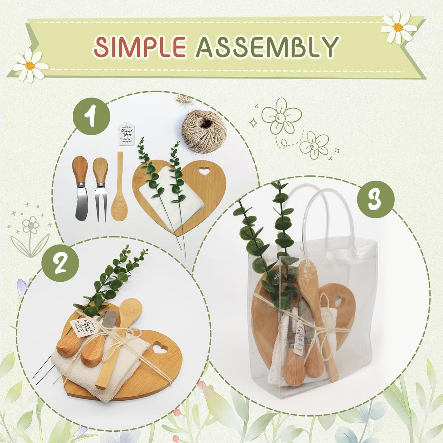 AZEAM 55Pcs Baby Shower Prizes for Game Winners, Bridal Shower Prizes with 6 Sets Heart Cheese Board Spoon Fork Butter Knife Towel Card Plastic Bag Branch, Wedding Shower Favors for Guests