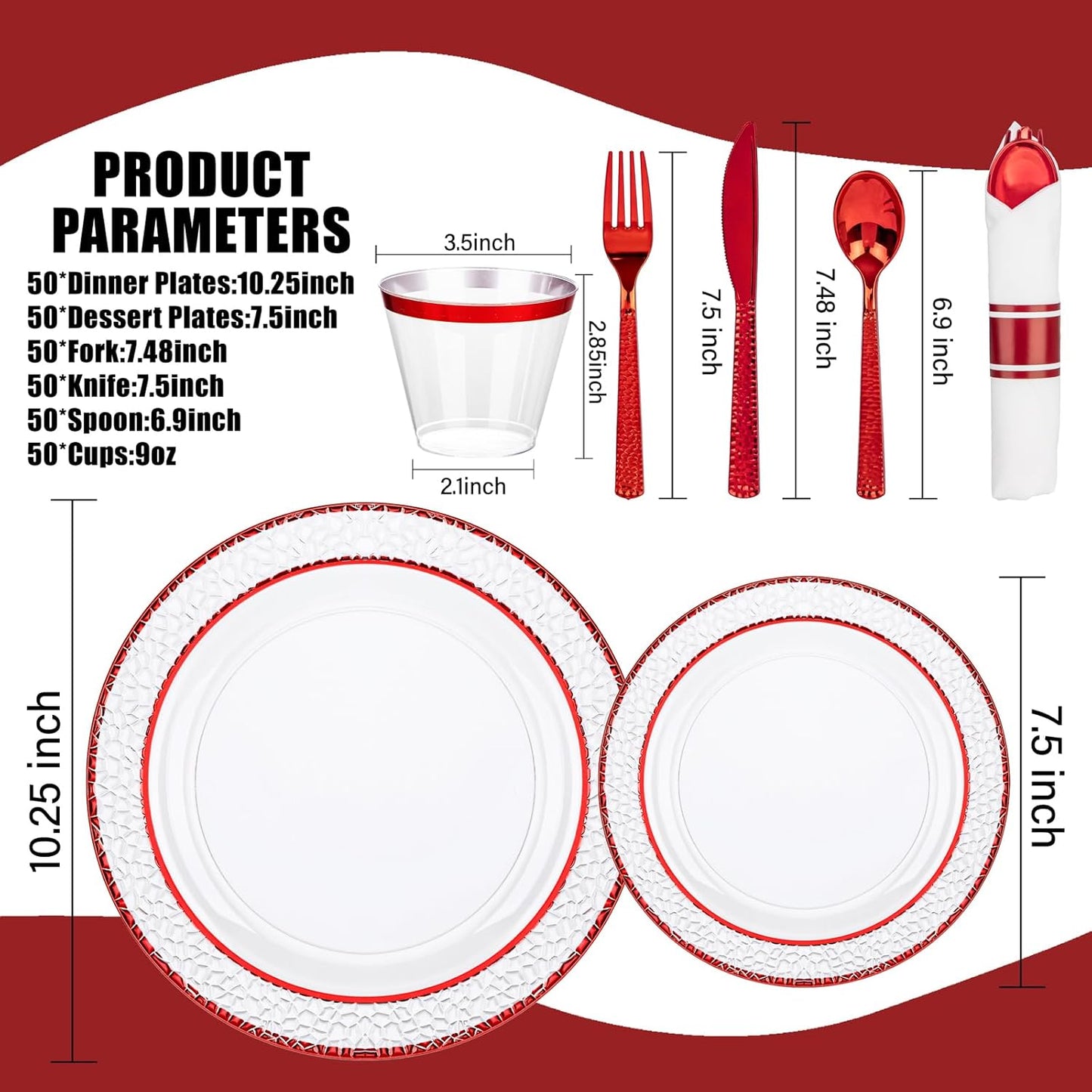 Ciaell 350 PCS Clear and Red Plastic Plates – Red Dinnerware Set for 50 Guests Include 100 Plastic Plates, 50 Pre Rolled Napkins with Cutlery Set, 50 Cups for Wedding & Party & Anniversary & Christmas