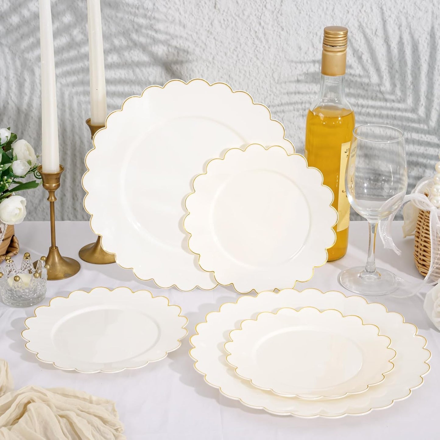 LIYH 120 Pcs Ivory Plastic Plates Disposable Heavy Duty Thanksgiving Plates - Gold Rim Fancy Scalloped Plastic Party Plate Wedding Plate for Birthday Party Thanksgiving Day