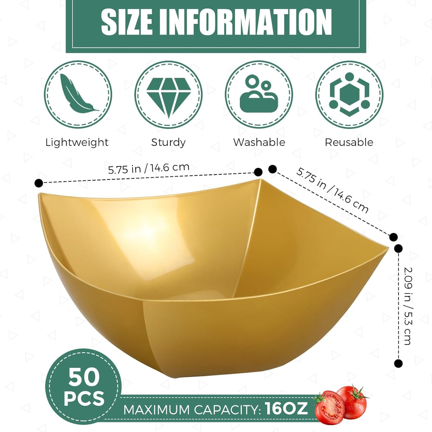 Tanlade 50 Pcs Square Plastic Serving Bowls Disposable Snack Salad Bowl Small Party Candy Bar Containers Taco Bar Serving Dishes for Buffet Chips Fruit(Gold,16 oz)