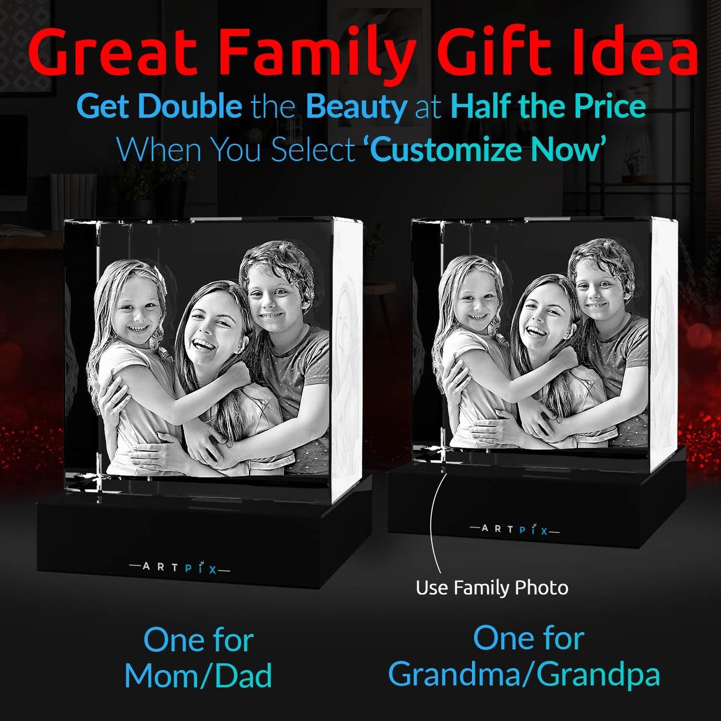 ArtPix 3D Crystal Photo, Christmas Personalized Gifts for Women, Wife, Her, Him, Men, Husband, Grandma, Great Xmas Customized Gift With Your Own Photo, Custom Glass 3D Laser Etched Picture Wedding